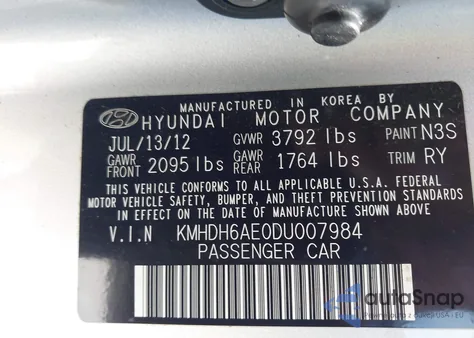 2013 Hyundai Elantra Se from USA, damaged, VIN KMHDH6AE0DU007984